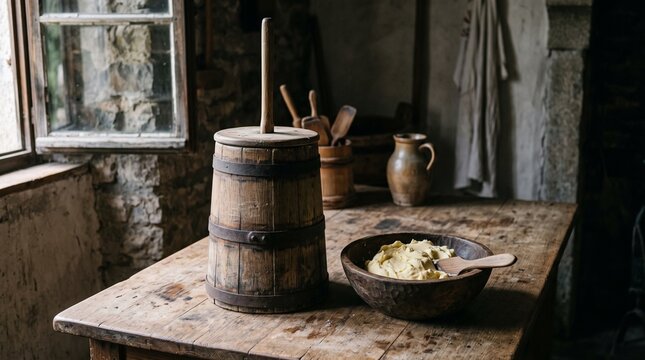 Old wooden butter churn beside a bowl of fresh butter