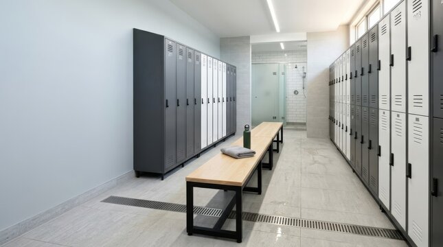 Modern locker room with benches and showers, offering a clean and minimalist design for athletic facilities