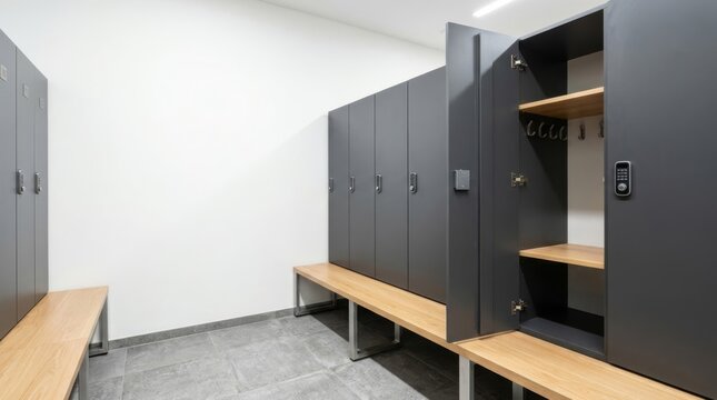 Modern gym locker room with open door revealing empty shelves and hooks, digital lock, and bright interior lighting