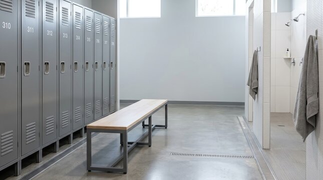 Modern locker room with bench, lockers, and showers - bright, clean athletic facility