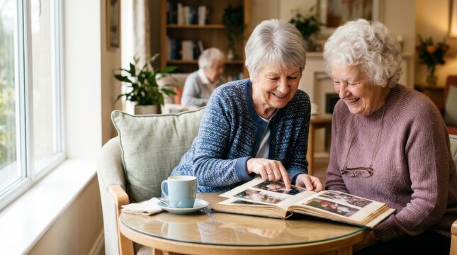 Elderly friends laughing while looking at a photo album, reminiscing in a sunlit nursing home lounge