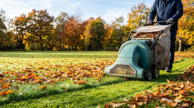 Man using leaf vacuum on sunlit lawn collecting fallen amber leaves in autumn, reportage style, modern tool for yard work