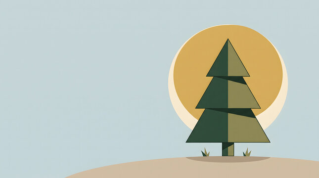 Minimalist illustration of a pine tree against a warm golden sun background