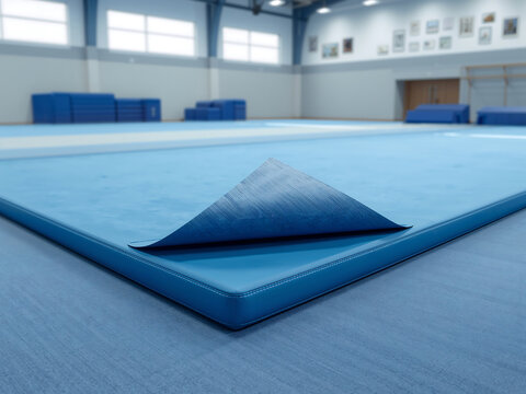 A blue gymnastics mat with a folded corner revealing the texture inside, situated in a large indoor sports hall with bright windows