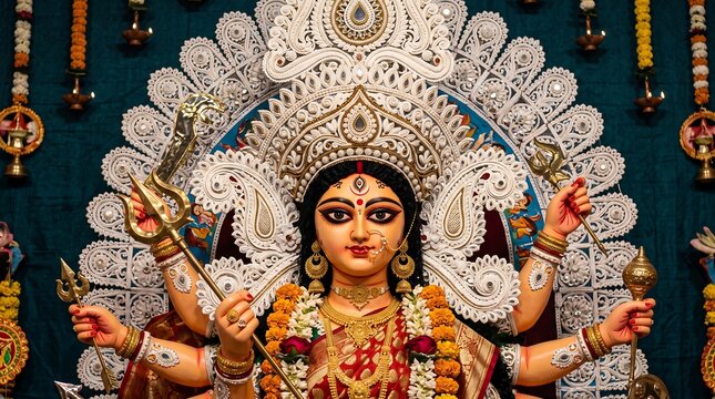 Traditional Bengali Durga Puja Idol Face with Shola Pith Crown Close-up