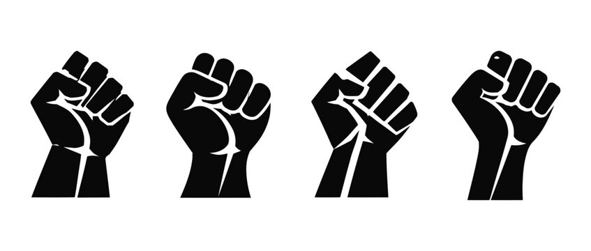 Set of raised fist protest power silhouettes vector illustration with silhouette resistance strength collection isolated revolution rebellion equality movement politics