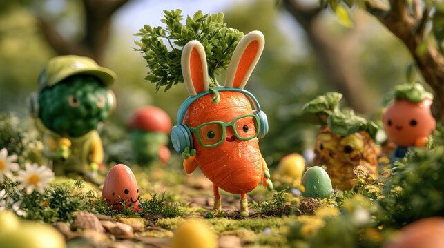 Various food characters explore a garden during an Easter egg hunt, searching for colorful hidden eggs under trees and bushes.