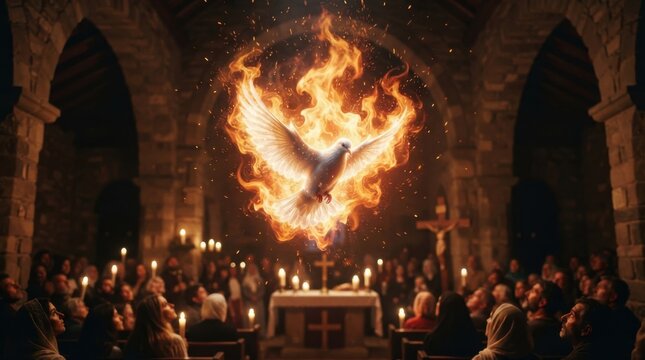 Fiery dove hovering over a congregation inside a candlelit stone church