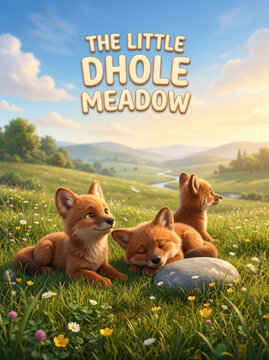 Little dhole meadow storybook cover with cute fox pups resting in lush flowery grass field under soft morning sunlight scenery.