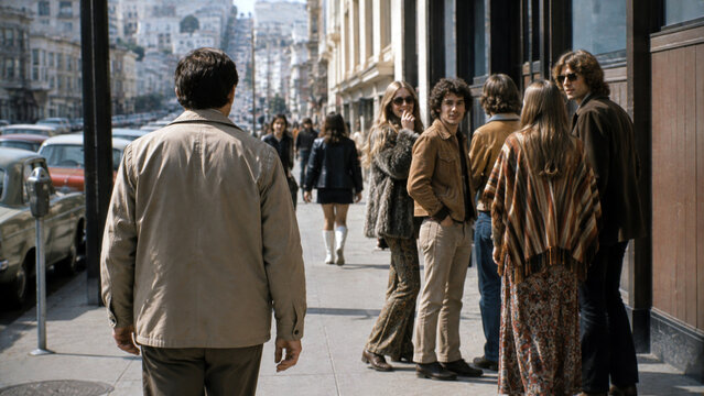 Group of young adults in retro 1970s fashion gathering on a busy city sidewalk while a man walks past