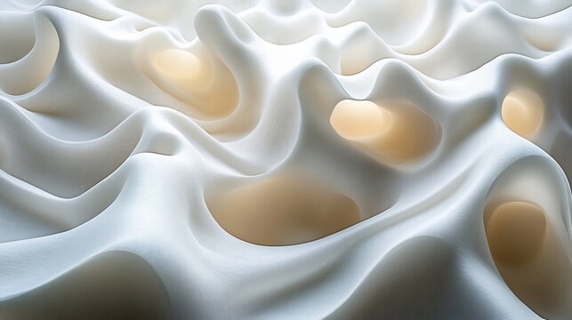 Abstract white organic structure with flowing curves and hollow concave voids in soft lighting