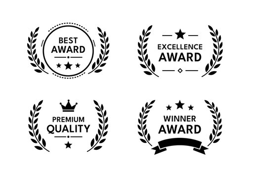Award badge collection in a clean monochrome flat vector style featuring best award, excellence award, premium quality and winner emblems with laurel wreaths, stars and ribbons