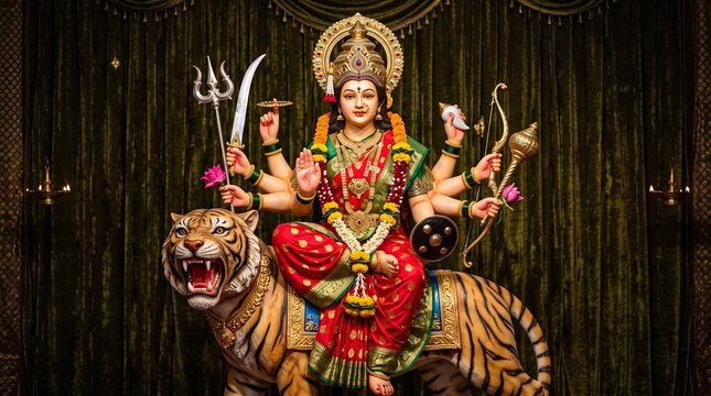 Colorful Traditional Idol of Goddess Durga Riding Fierce Tiger