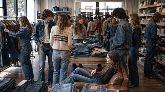 Young adults shopping for denim jeans and jackets together in a busy casual clothing store with a retro atmosphere
