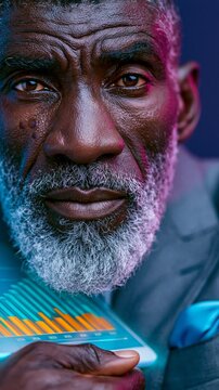 Close-up of a mature man with a thoughtful expression. His grey beard contrasts with vibrant lighting tones. He holds a tablet showing a rising graph, implying growth or success