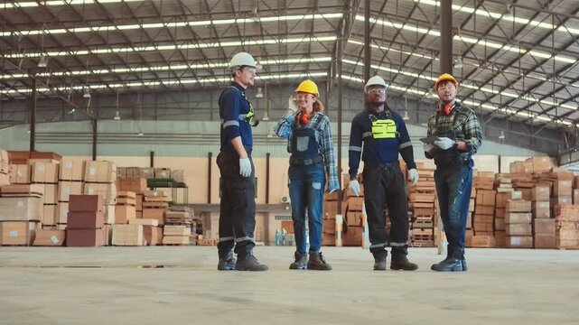 Workers discuss safety measures in a large warehouse during a training session