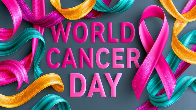 Vibrant ribbons swirl around bold text. Pink and teal ribbons echo cancer awareness. Bold letters declare "World Cancer Day." Colorful design captures hope and solidarity
