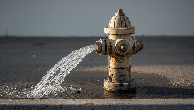 A weathered metal fire hydrant spraying a powerful stream of clear water onto a dark asphalt road surface during a bright sunny afternoon day