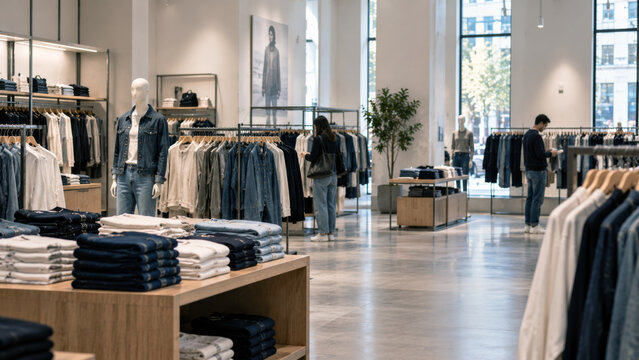 Modern clothing store with denim displays, casual apparel and customers browsing racks in a bright minimalist interior