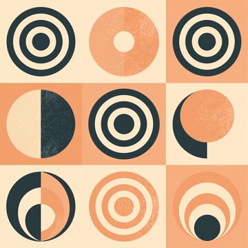 Minimalist geometric circles in soft peach and charcoal tones. Squares arranged in grid, each with unique concentric or crescent forms. Pattern feels calm, balanced, modern, and abstractly artistic