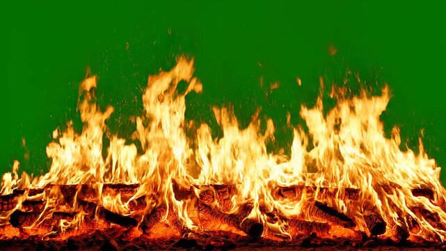 Campfire flames burning on wood in a dark setting with a subtle green screen background for compositing