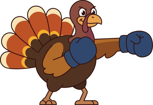 Cartoon turkey wearing boxing gloves ready to fight with a determined expression on its face