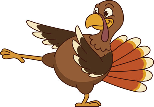 Cartoon turkey character playfully kicking with a fun and expressive pose on a white background