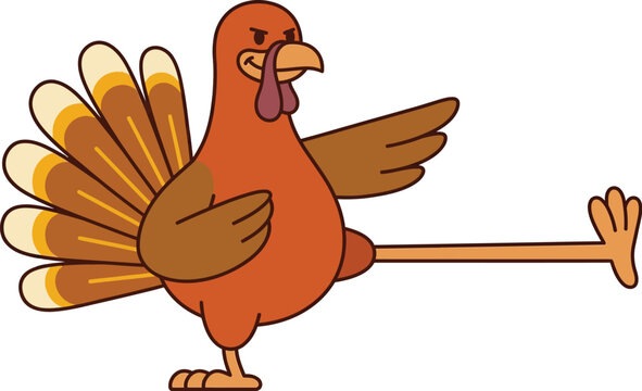 A cheerful cartoon turkey has been playfully struck by an arrow representing thanksgiving or the fun of a hunting season theme