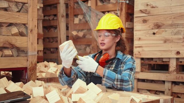 Worker inspects wood pieces in lumber yard during daytime