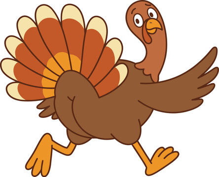 Cartoon turkey cheerfully strutting with vibrant plumage isolated on a clean white background for thanksgiving themes