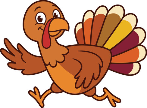 Cartoon turkey running with a playful expression isolated on a white background for thanksgiving themes