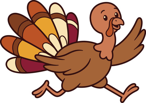 A cheerfully illustrated cartoon turkey is running swiftly forward with vibrant and beautifully colored feathers displayed in a dynamic scene
