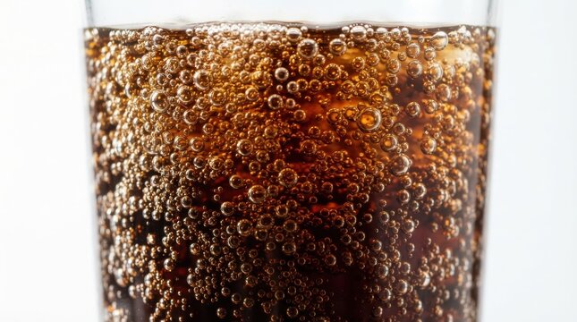 Close-up of a glass of dark carbonated drink with fizzy bubbles