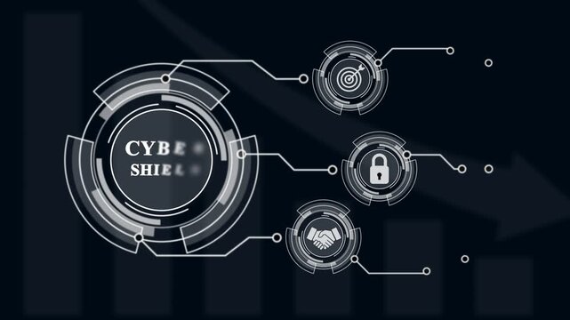 Futuristic cuber security network shield concept with HUD elements, padlock, target, rocket and handshake icons.