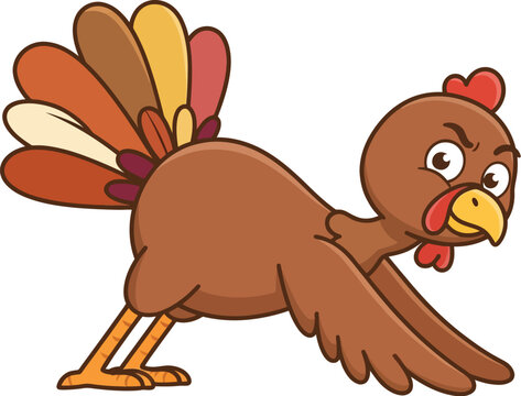 A cheerfully illustrated cartoon turkey character is shown running quickly with a very surprised and startled facial expression on a plain white