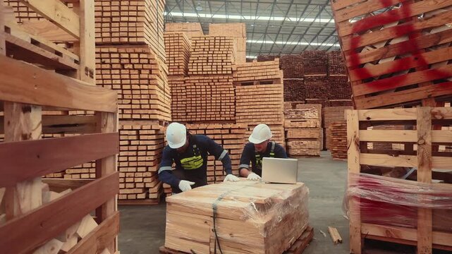 Workers analyze wood inventory in warehouse with pallets and stacked lumber in daytime