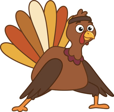 Cartoon turkey with colorful feathers strutting forward on a white background perfect for thanksgiving designs