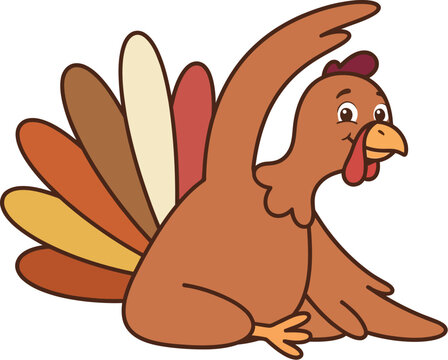 Festive cartoon turkey cheerfully waving a wing with a friendly expression on a white background