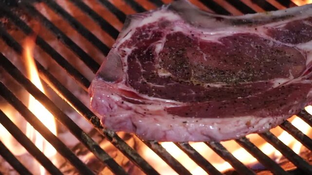 Carne cruda comenzando a cocinarse sobre una parrilla con fuego