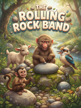 Rolling rock band woodland musical forest book cover with cute monkey baby goat and kookaburra playing stones near river bank.
