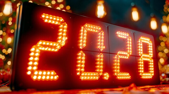 Red LED display shows "20:28" glowing warmly. Warm lights blur behind, creating festive bokeh. No people present, only time's digital glow. Perfect for holiday countdown or evening scenes