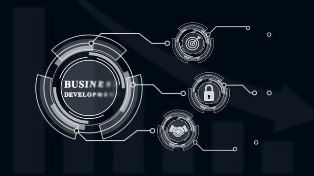 Business Development Strategy Concept with Connected Corporate Icons for Growth, Finance, Security, Partnership, Innovation and Digital Transformation on Dark Navy Technology Background.