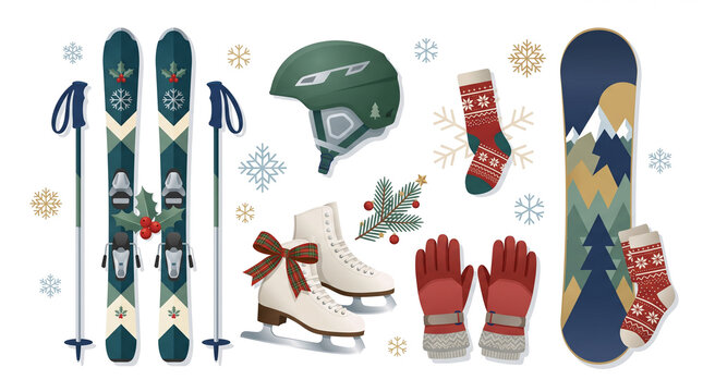 Winter sports equipment illustration with skis snowboard and ice skates