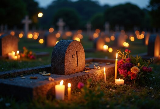 Cemetery Visit for All Souls' Day: Prayer Candles Circled Around Serene Graveside