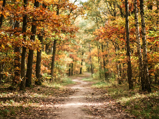 Fototapeta premium Autumn forest path with golden foliage and soft natural sunlight