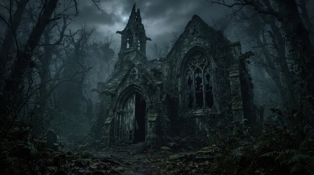 Creepy abandoned old church in a dark spooky forest