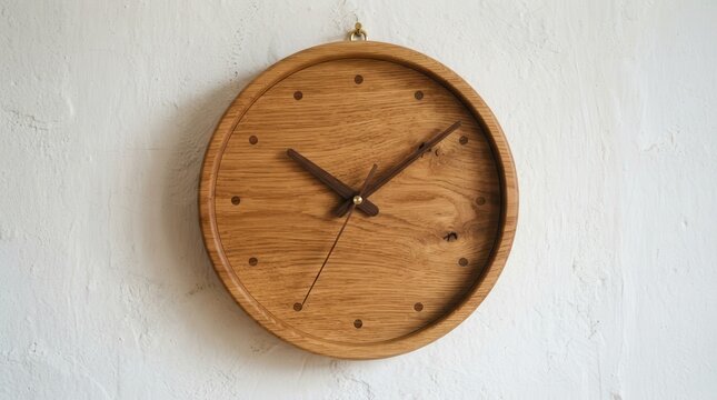 Minimalist wooden wall clock hanging on a textured wall