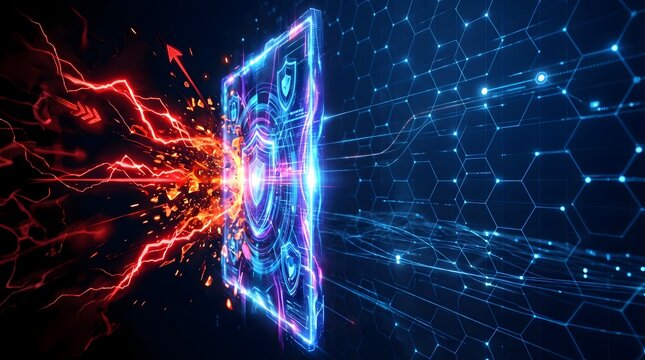 Abstract visualization of firewall blocking incoming cyber attacks, representing network defense and data protection systems.
