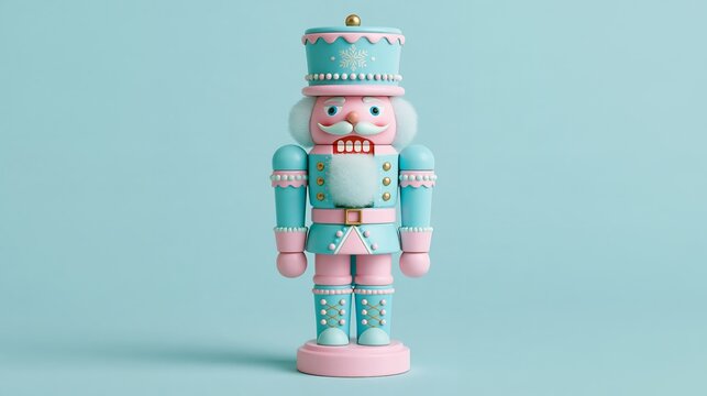 Cute 3d wooden nutcracker character in pastel festive colors, smooth matte finish, minimalist light background, modern christmas holiday seasonal icon