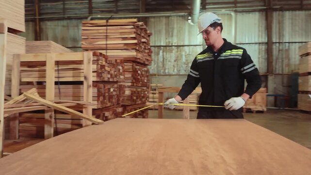 Worker measures wood in a lumber warehouse while using safety gear and tools during the day